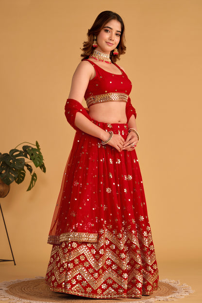 Elegant Red Sequin & Mirror Work Lehenga Choli