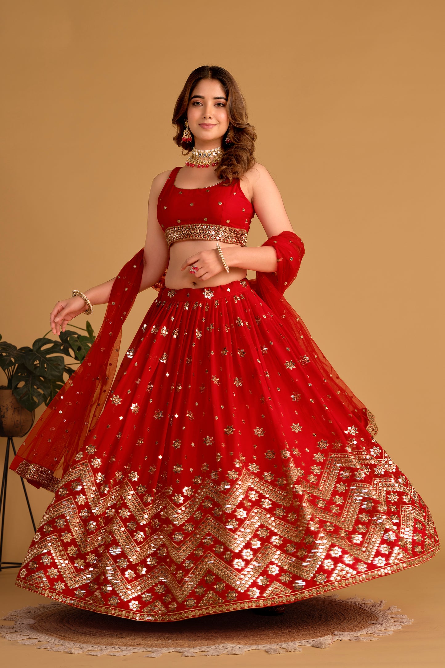 Elegant Red Sequin & Mirror Work Lehenga Choli