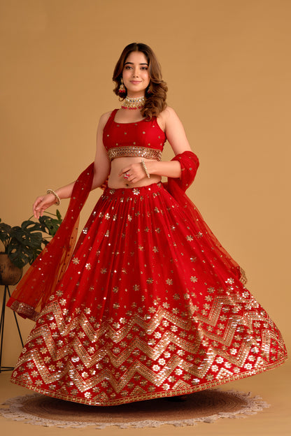 Elegant Red Sequin & Mirror Work Lehenga Choli