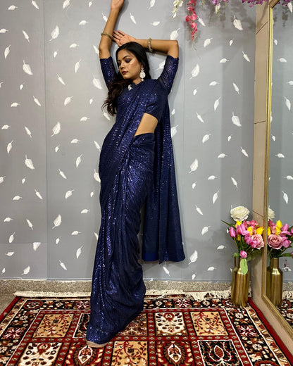 Blue Sequins Prestitched Saree Blouse For Women