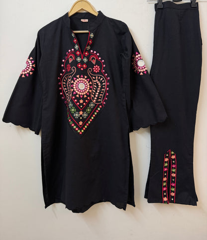 Black Embroidered Kurta with Palazzo | Mirror Work | Ethnic Wear | Sizes 40–46