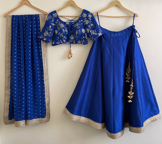 Royal Blue Raw Silk Lehenga with Embroidered Georgette Blouse & Dupatta