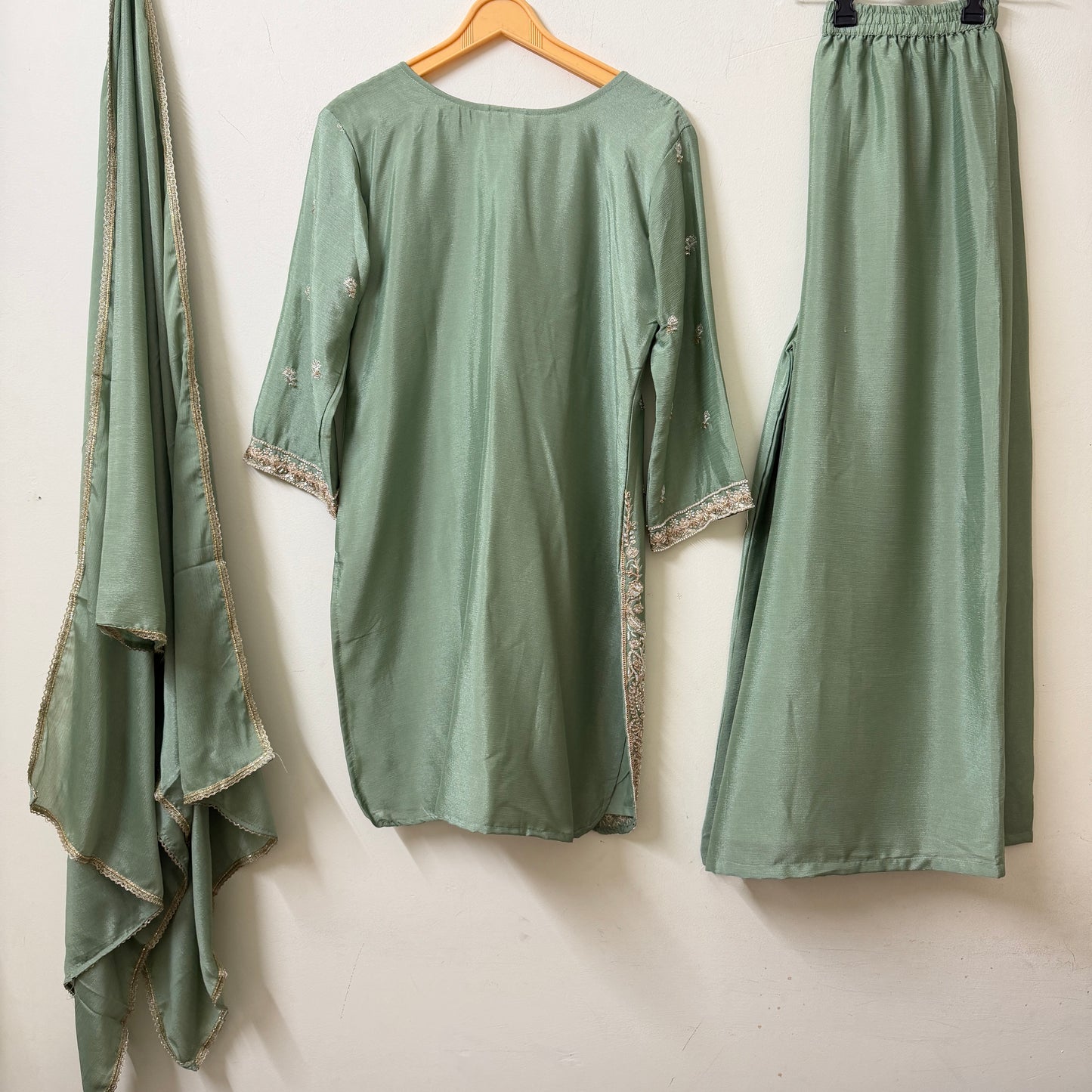 Sage Green Chinon Kurta with Palazzo & Dupatta | Zari Embroidery | Ethnic Wear | Sizes 40–46