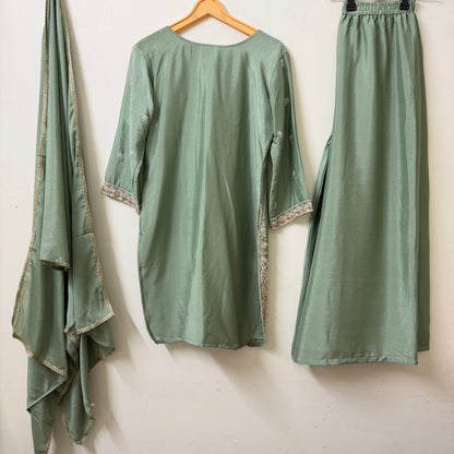 Sage Green Chinon Kurta with Palazzo & Dupatta | Zari Embroidery | Ethnic Wear | Sizes 40–46