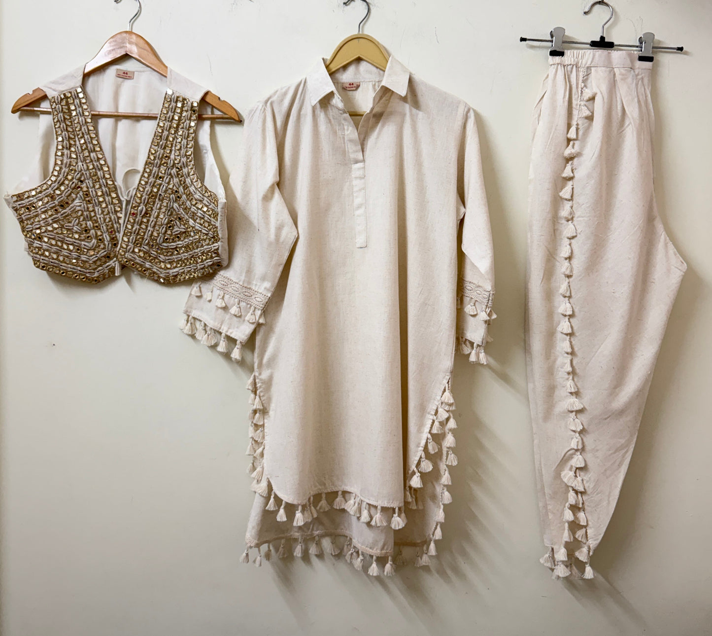 Off-White Muslin Kurta with Koti & Tassel Pants | Mirror & Cowrie Shell Embroidery | Ethnic Wear | Sizes 40–46