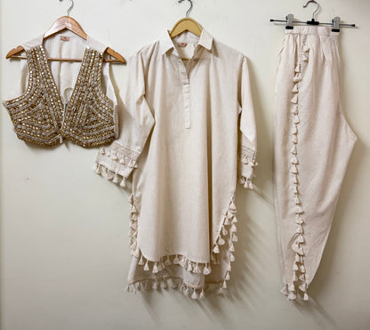 Off-White Muslin Kurta with Koti & Tassel Pants | Mirror & Cowrie Shell Embroidery | Ethnic Wear | Sizes 40–46