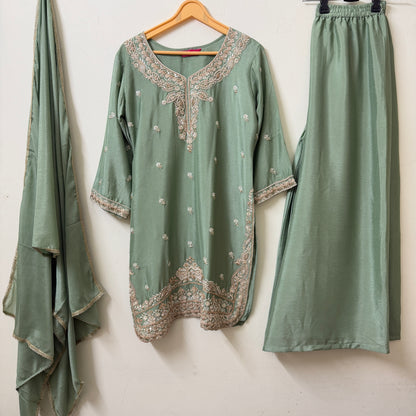 Sage Green Chinon Kurta with Palazzo & Dupatta | Zari Embroidery | Ethnic Wear | Sizes 40–46