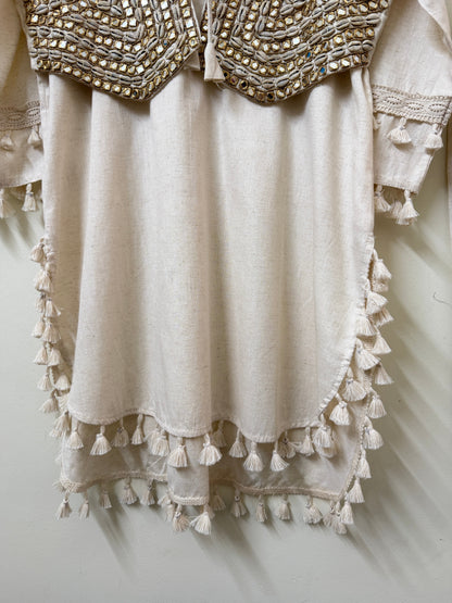 Off-White Muslin Kurta with Koti & Tassel Pants | Mirror & Cowrie Shell Embroidery | Ethnic Wear | Sizes 40–46
