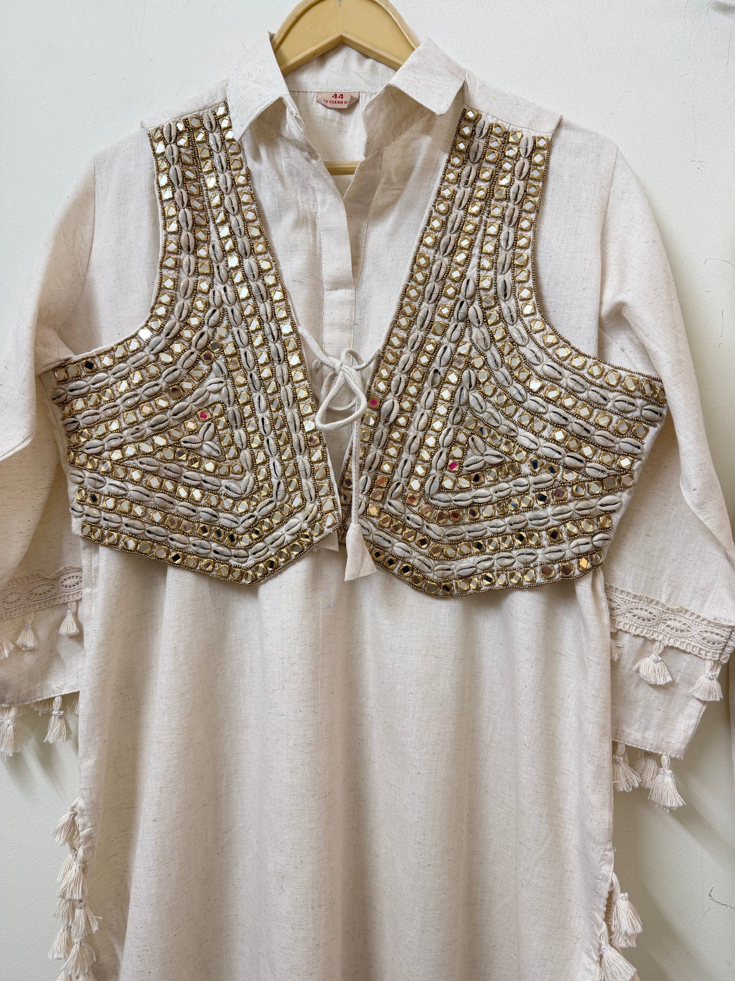 Off-White Muslin Kurta with Koti & Tassel Pants | Mirror & Cowrie Shell Embroidery | Ethnic Wear | Sizes 40–46