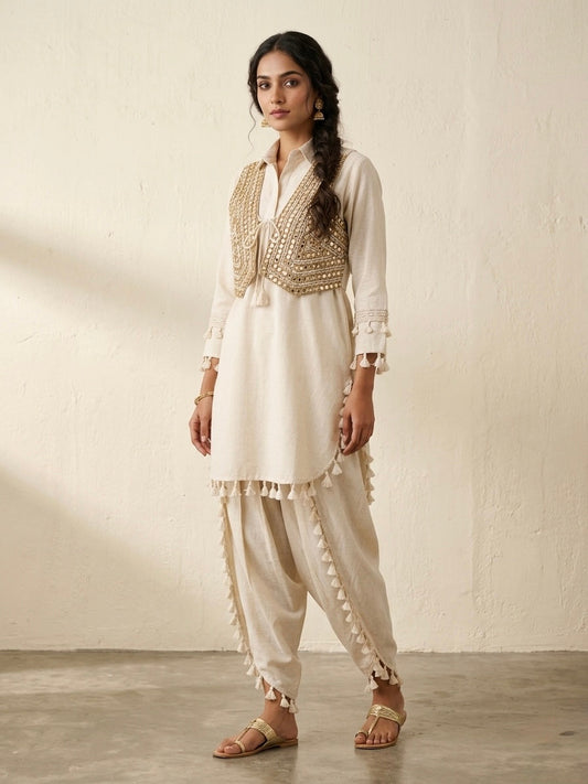 Off-White Muslin Kurta with Koti & Tassel Pants | Mirror & Cowrie Shell Embroidery | Ethnic Wear | Sizes 40–46