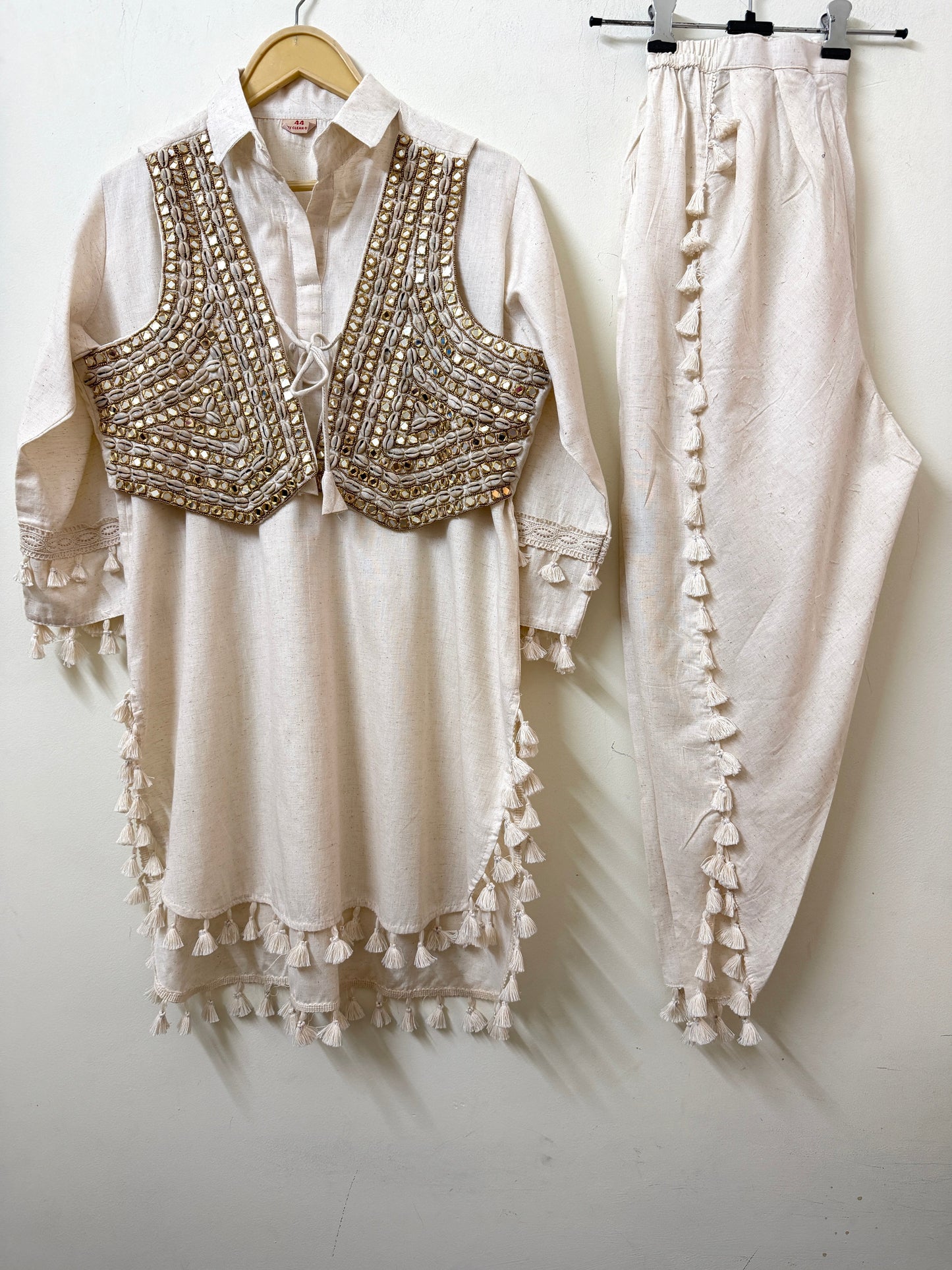 Off-White Muslin Kurta with Koti & Tassel Pants | Mirror & Cowrie Shell Embroidery | Ethnic Wear | Sizes 40–46