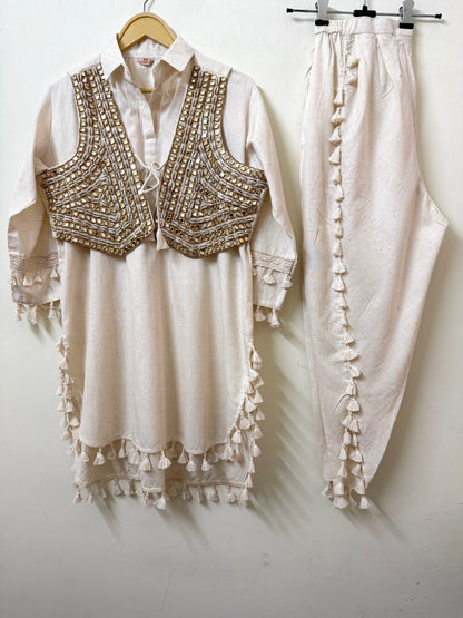 Off-White Muslin Kurta with Koti & Tassel Pants | Mirror & Cowrie Shell Embroidery | Ethnic Wear | Sizes 40–46