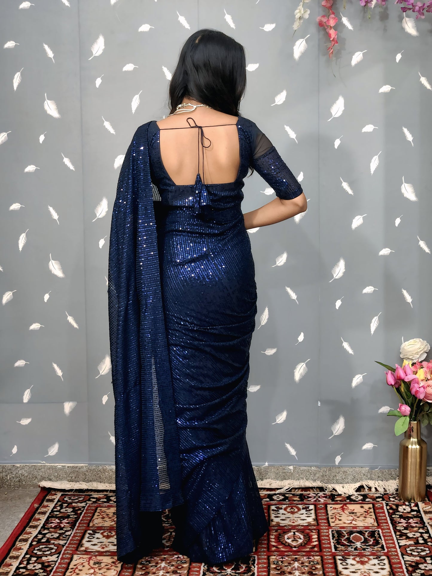 Blue Sequins Prestitched Saree Blouse For Women