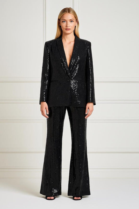 Black Sequins Coat Pant Suit Women's Tailored Sparkle Blazer and Trousers Set