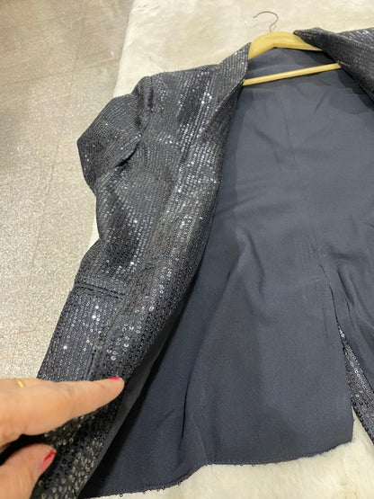 Black Sequins Coat Pant Suit Women's Tailored Sparkle Blazer and Trousers Set