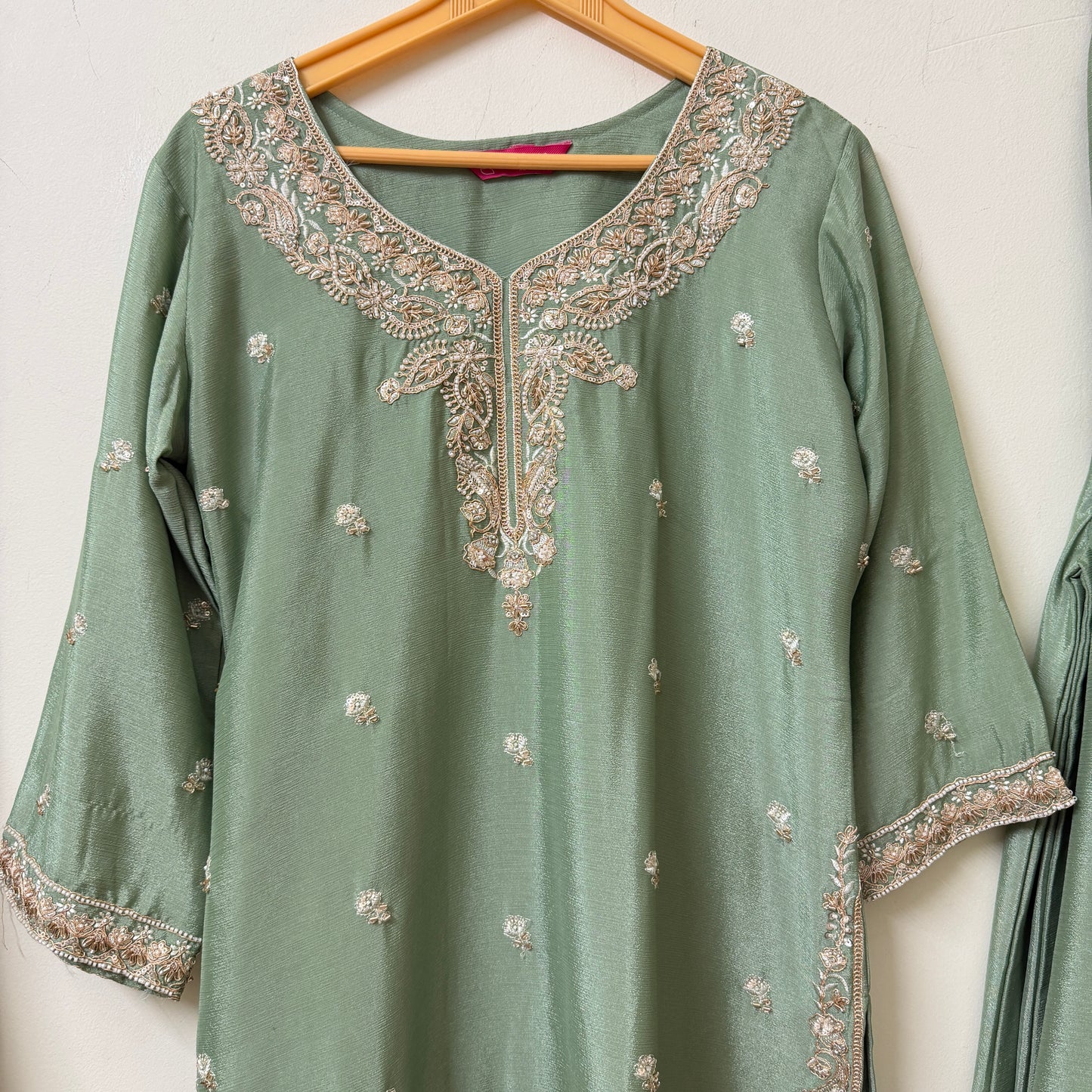 Sage Green Chinon Kurta with Palazzo & Dupatta | Zari Embroidery | Ethnic Wear | Sizes 40–46