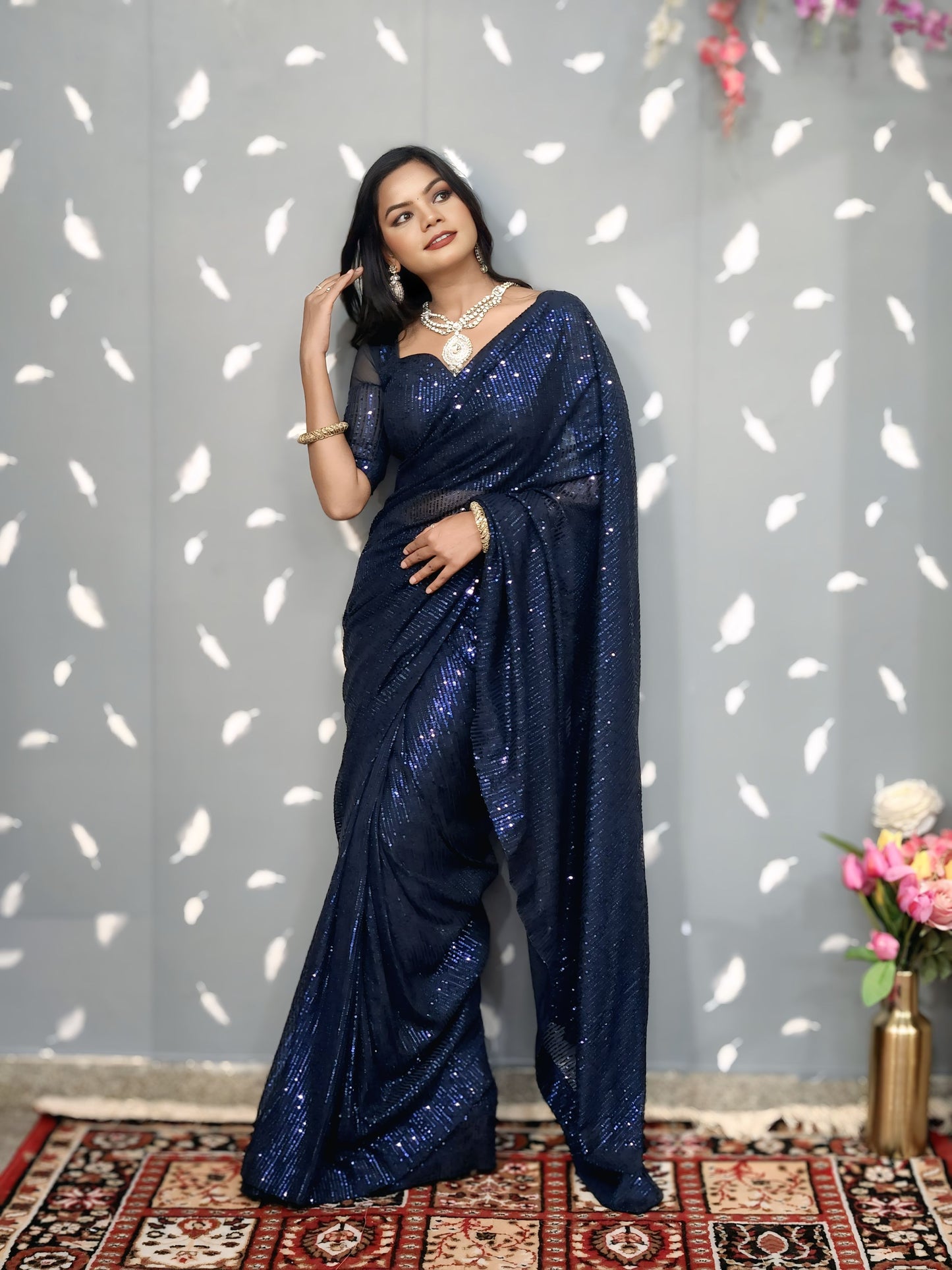 Blue Sequins Prestitched Saree Blouse For Women