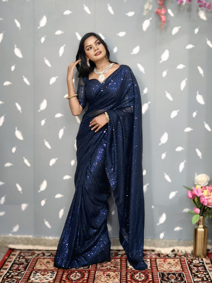 Blue Sequins Prestitched Saree Blouse For Women