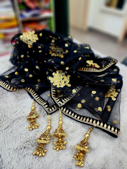 Black Embroidered Net Dupatta for Women
