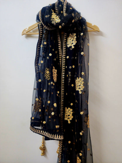 Black Embroidered Net Dupatta for Women