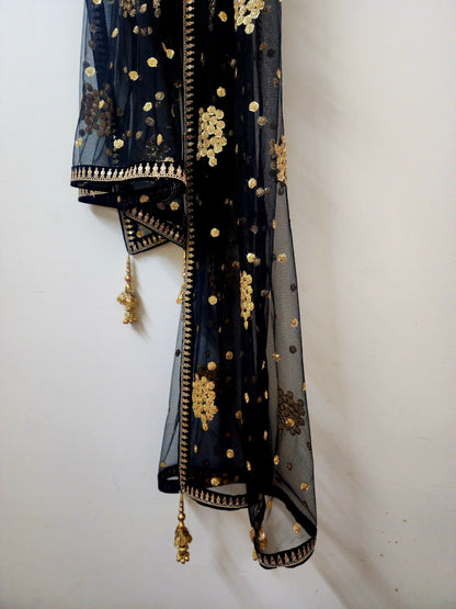 Black Embroidered Net Dupatta for Women