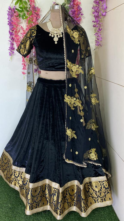 Black Velvet Lehenga Blouse For Women Custom Stitched Indian Outfit