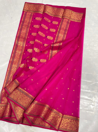 Hot pink chanderi silk handloom saree