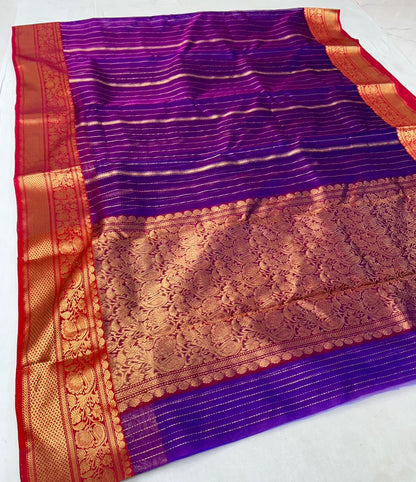Purple katan silk saree with wide border