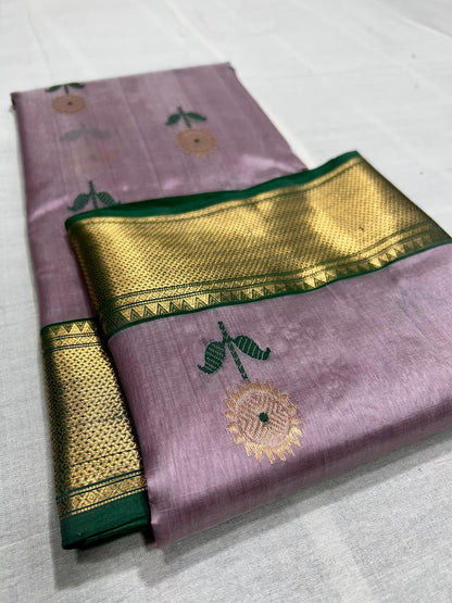 Pastel pink pattu silk saree with meena work nakshi border