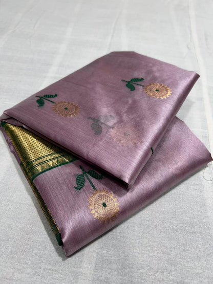 Pastel pink pattu silk saree with meena work nakshi border