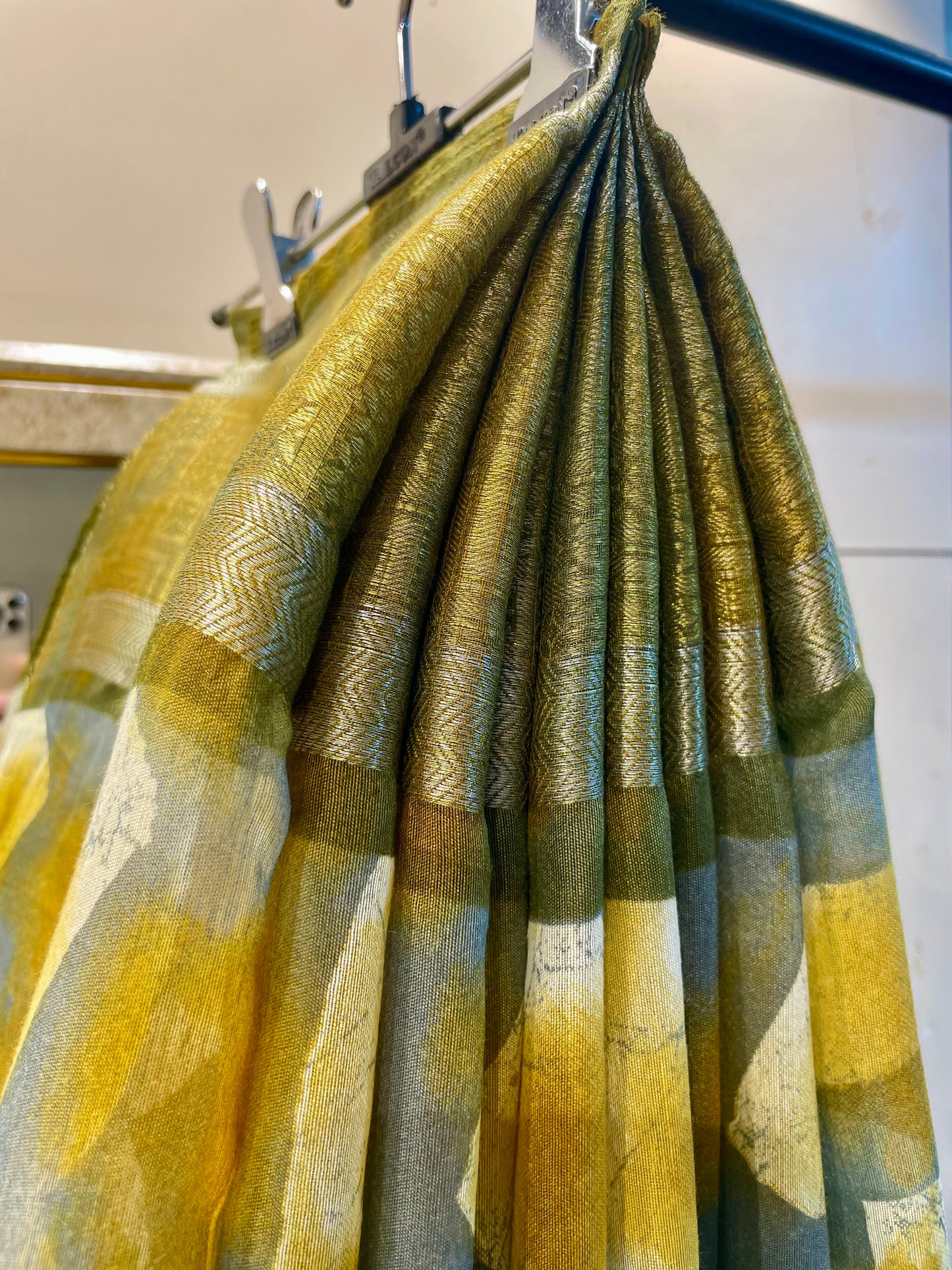 Cotton linen saree for women yellow with grey color