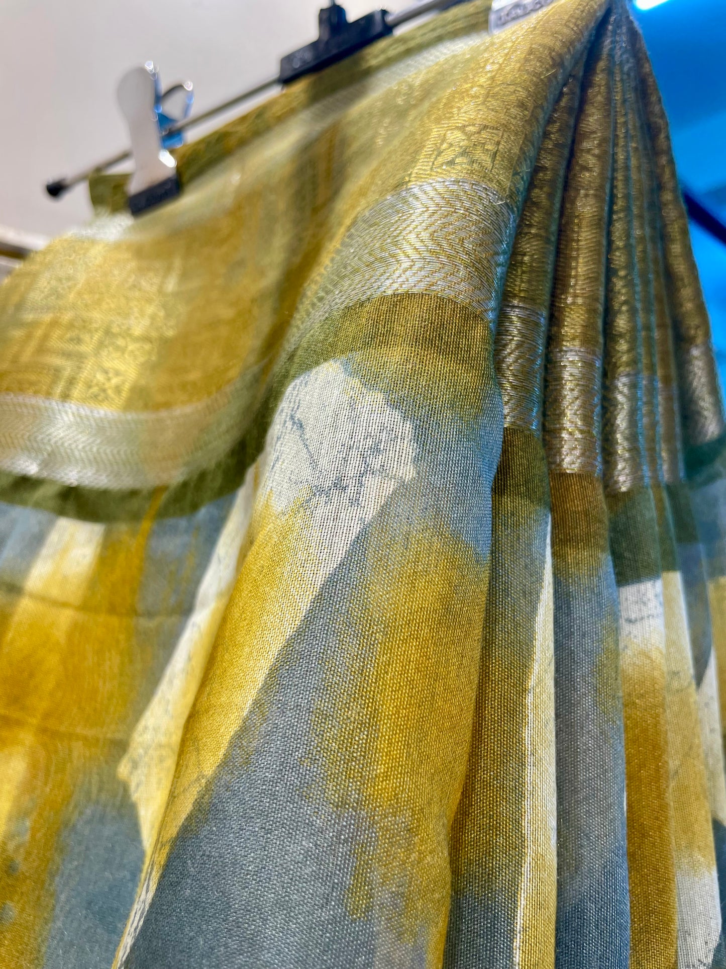 Cotton linen saree for women yellow with grey color