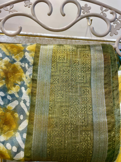 Cotton linen saree for women yellow with grey color