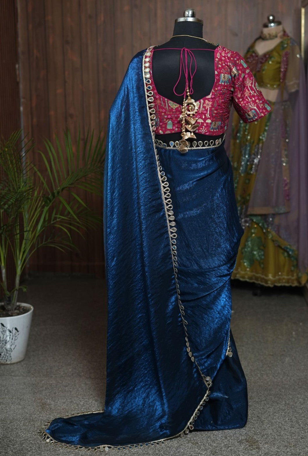 Royal Blue Saree with Pink Elephant Print Blouse