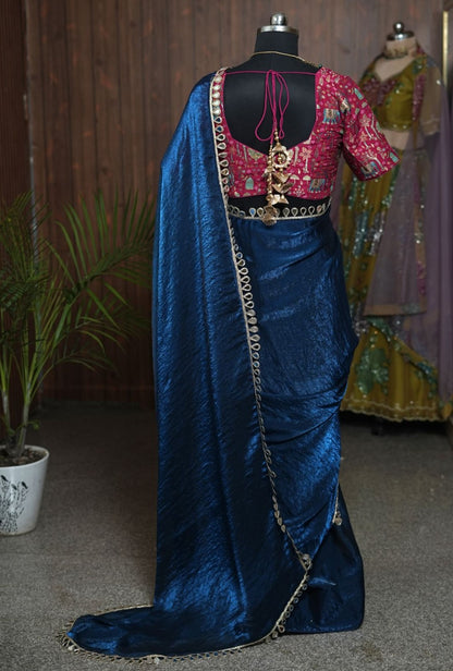 Royal Blue Saree with Pink Elephant Print Blouse