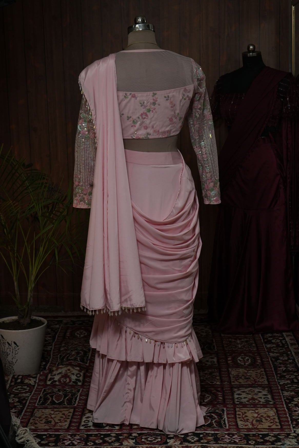 Blush Pink Ruffle Saree with Floral Sequin Blouse