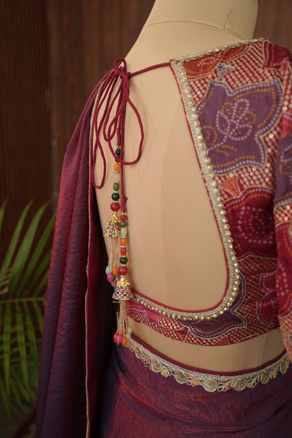 Close-up of multicoloured blouse pattern and neckline edging