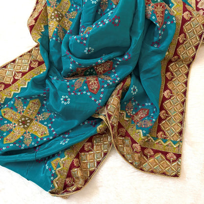 Teal Bandhani Embroidered Dupatta