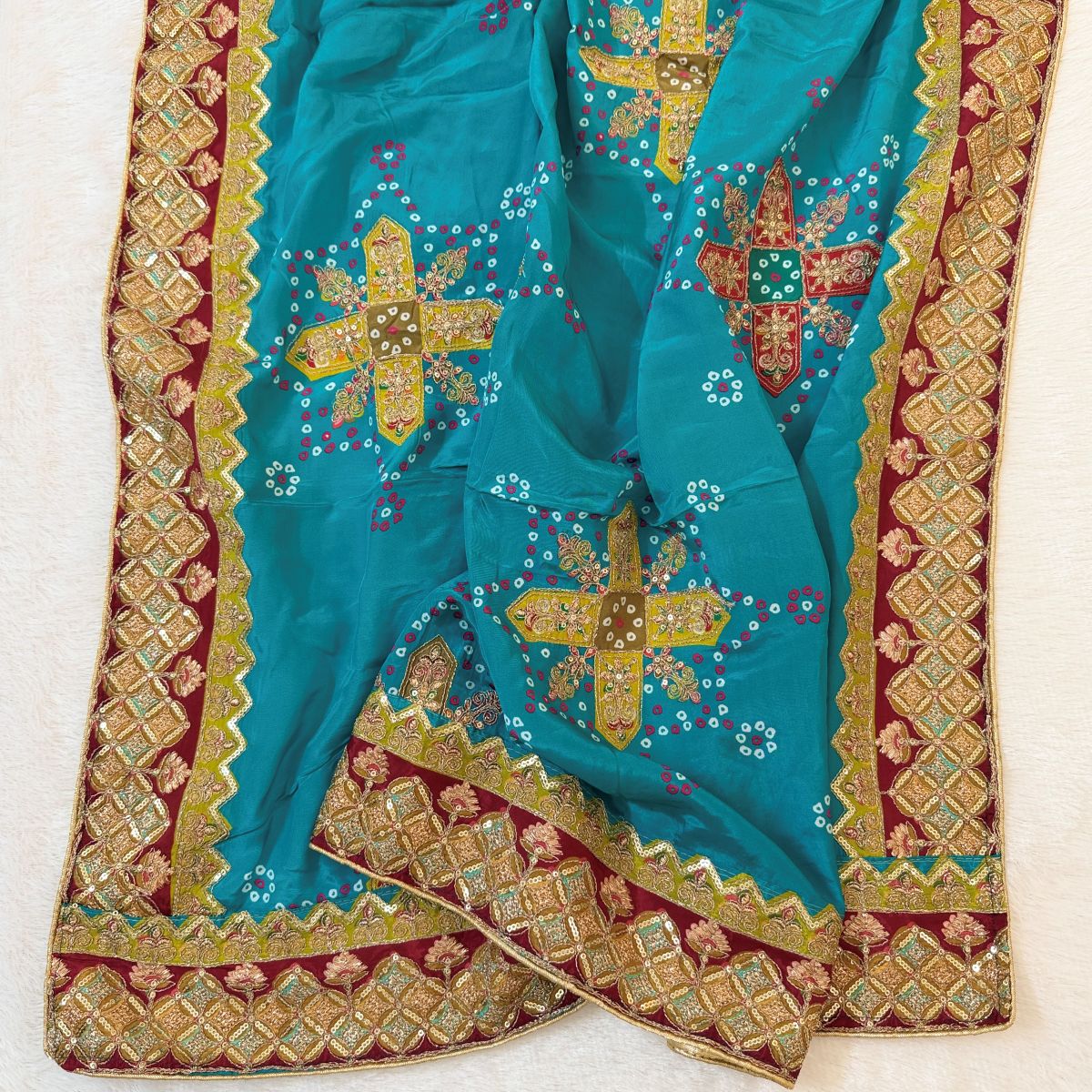 Teal Bandhani Embroidered Dupatta