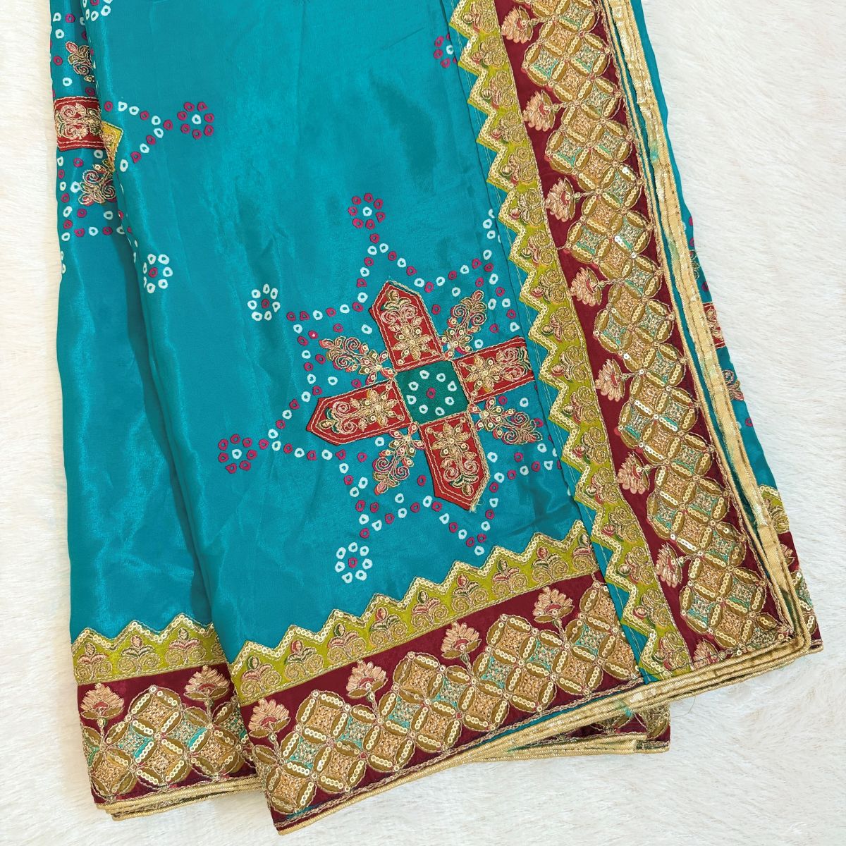 Teal Bandhani Embroidered Dupatta