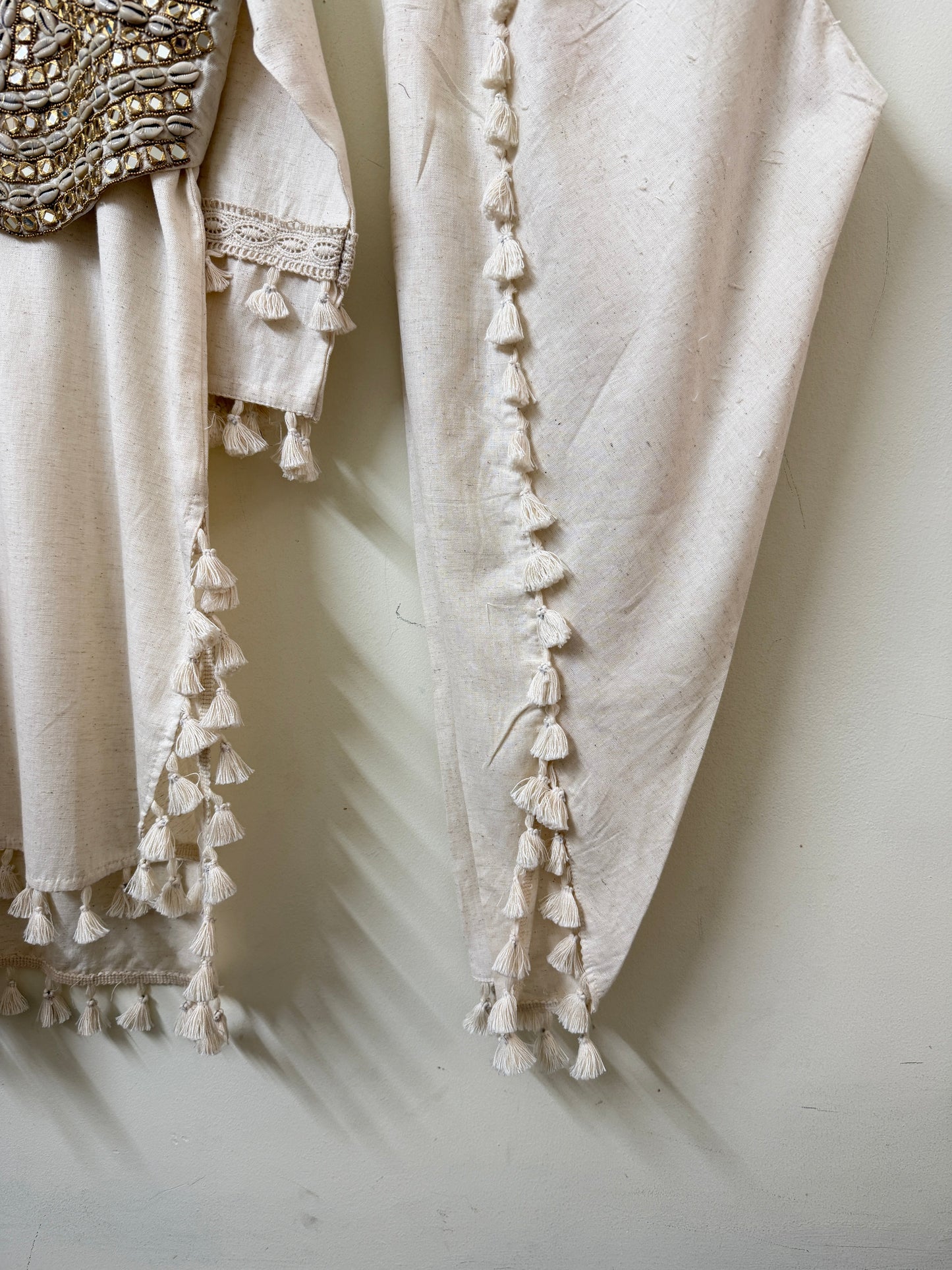 Off-White Muslin Kurta with Koti & Tassel Pants | Mirror & Cowrie Shell Embroidery | Ethnic Wear | Sizes 40–46