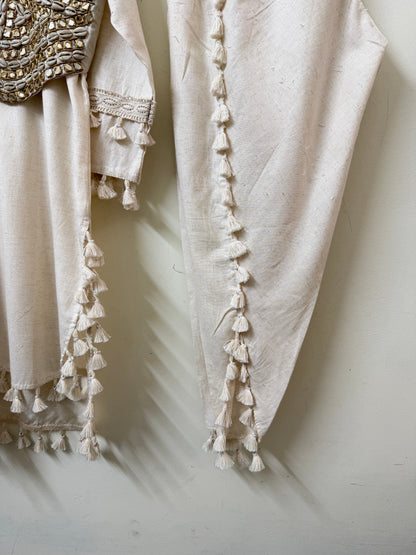 Off-White Muslin Kurta with Koti & Tassel Pants | Mirror & Cowrie Shell Embroidery | Ethnic Wear | Sizes 40–46