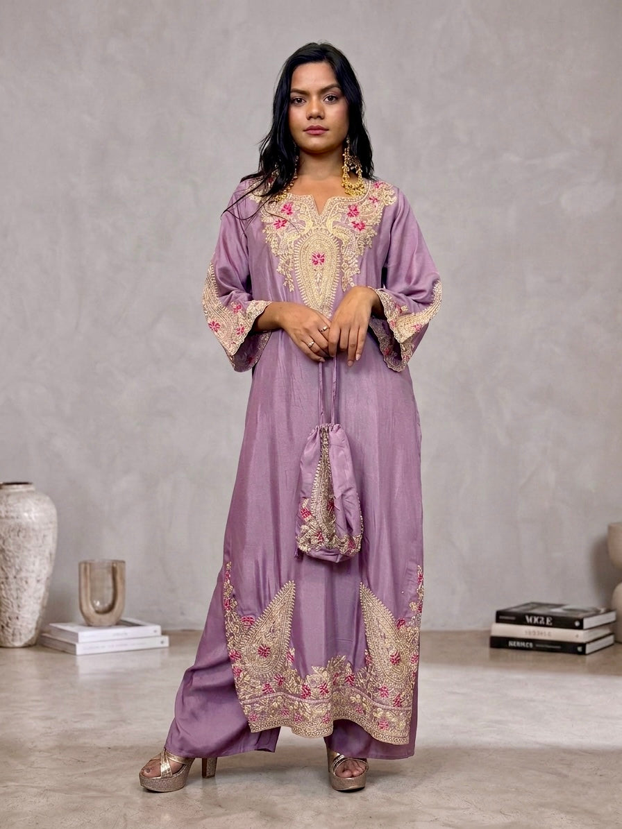 Mauve Kaftan Style Muslin Outfit with Potli Bag | Ethnic Wear | Sizes 40–46