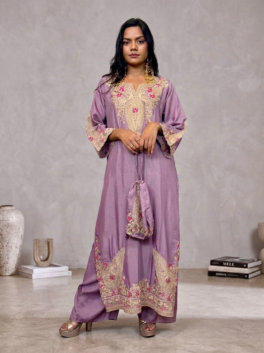 Mauve Kaftan Style Muslin Outfit with Potli Bag | Ethnic Wear | Sizes 40–46