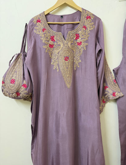Mauve Kaftan Style Muslin Outfit with Potli Bag | Ethnic Wear | Sizes 40–46