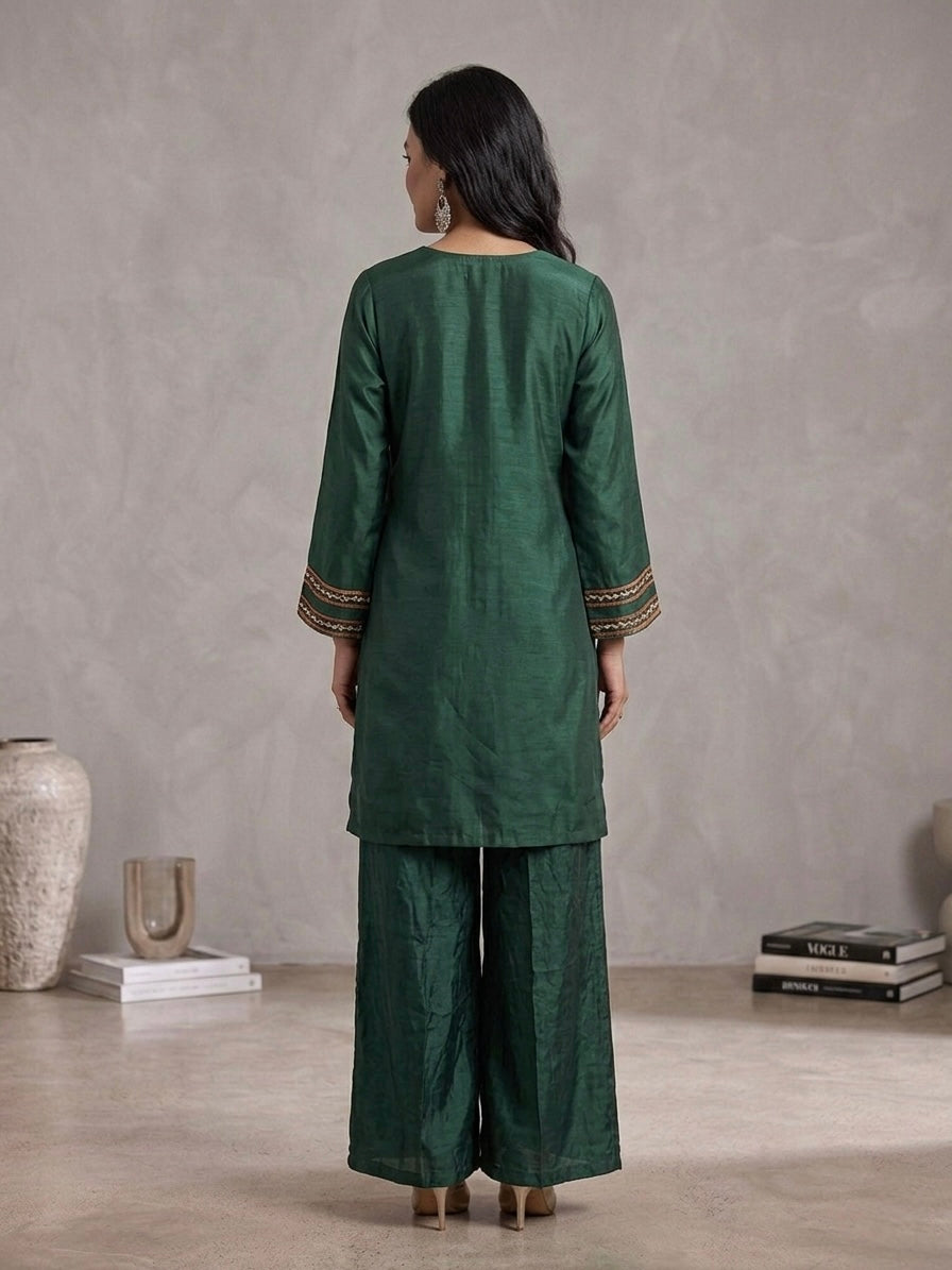 Bottle Green Embroidered Kurta with Palazzo & Potli Bag | Ethnic Wear | Sizes 40–46