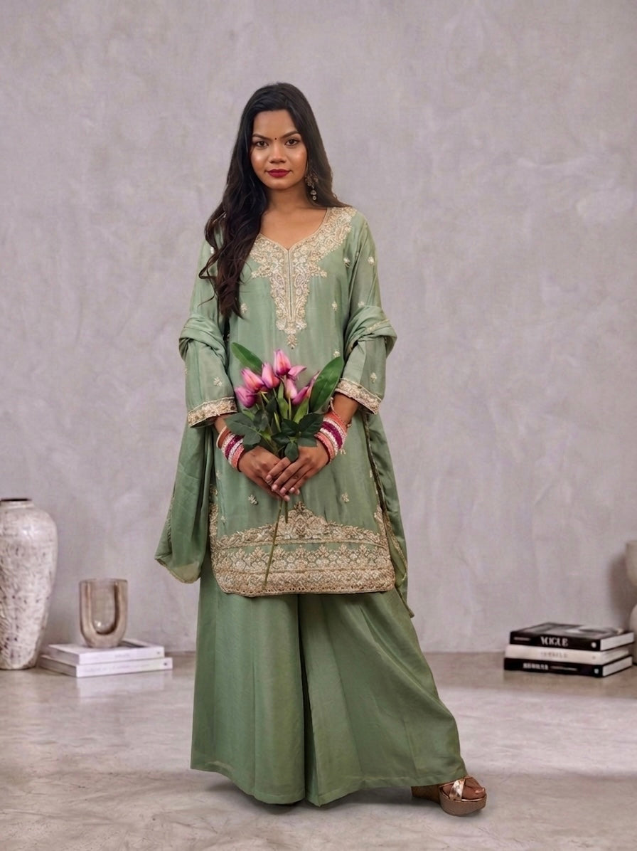 Sage Green Chinon Kurta with Palazzo & Dupatta | Zari Embroidery | Ethnic Wear | Sizes 40–46