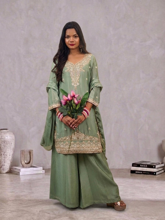 Sage Green Chinon Kurta with Palazzo & Dupatta | Zari Embroidery | Ethnic Wear | Sizes 40–46