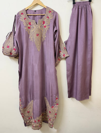 Mauve Kaftan Style Muslin Outfit with Potli Bag | Ethnic Wear | Sizes 40–46