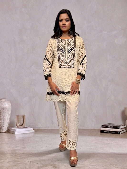Cream Schiffli Kurta with Pants | Mirror Work Embroidery | Ethnic Wear | Sizes 40–46